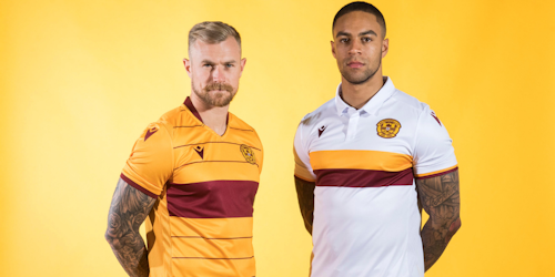 STILL OF TWO MOTHERWELL PLAYERS WEARING 'UNSPONSORED' SHIRTS AGAINST YELLOW BACKGROUND