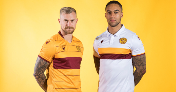 STILL OF TWO MOTHERWELL PLAYERS WEARING 'UNSPONSORED' SHIRTS AGAINST YELLOW BACKGROUND