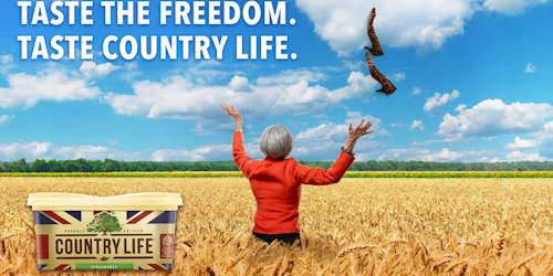 THERESA MAY COUNTRY LIFE AD RUNNING THROUGH FIELDS OF WHEAT