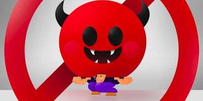 A graphic of a red devil face and a crossed out circle 