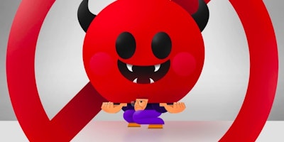 A graphic of a red devil face and a crossed out circle 