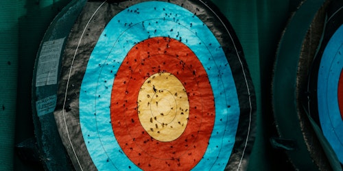 An archery target with arrow marks against a green background