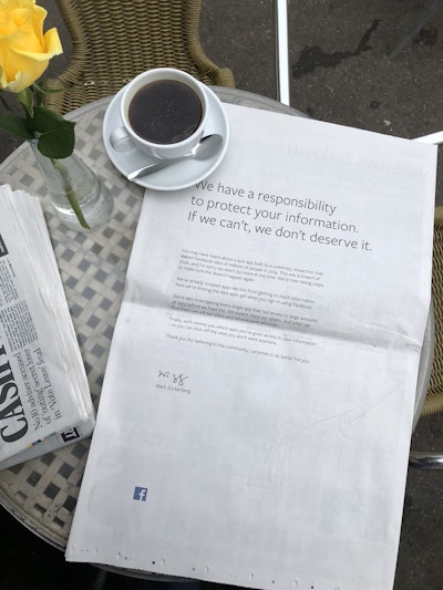 Mark Zuckerberg has published a letter in newspapers 'apologising' for the Cambridge Analytica affair