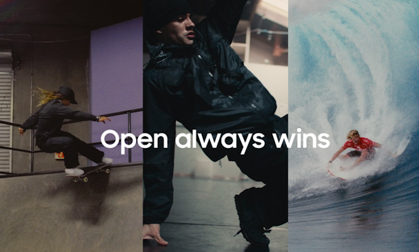 Skate, break and surf images with Open Always Wins written over the top 
