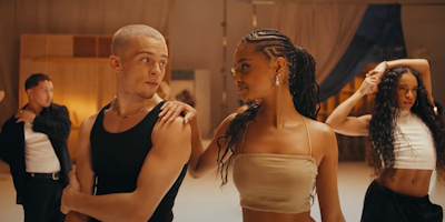 A screenshot from the Gap x Jungle advert featuring Tyla shows two dancers looking at each other