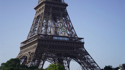 The Eiffel Tower featuring the Olympic logo