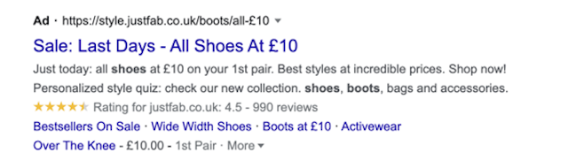 Just Fab search engine result