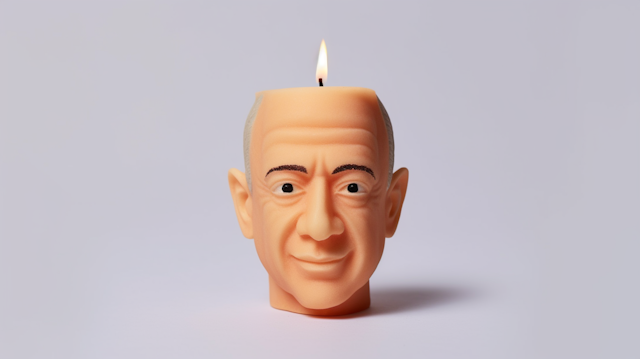 A wax candle shaped like Jeff Bezos' head