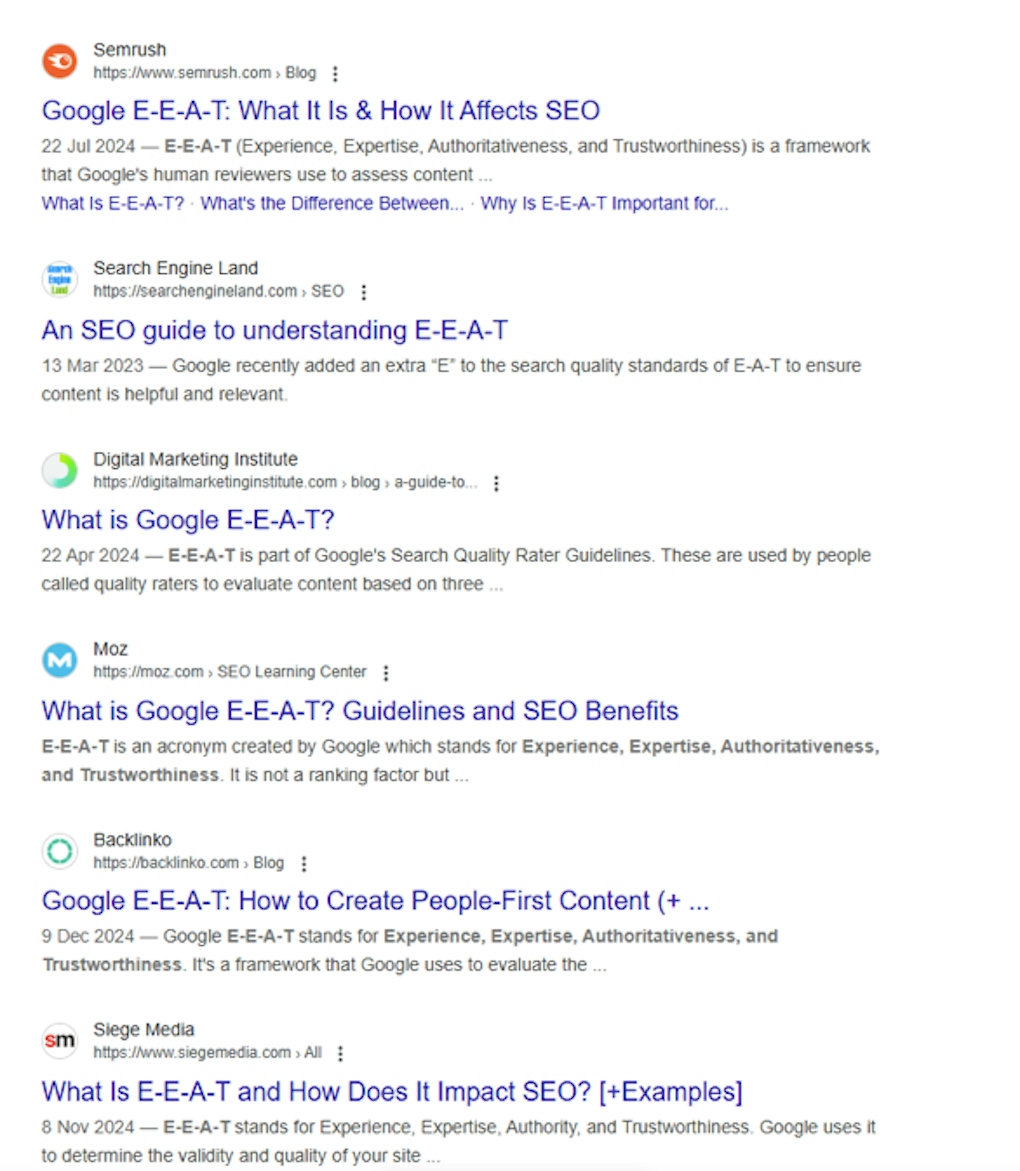 screengrab of search results for EEAT screengrab of search results for EEAT
