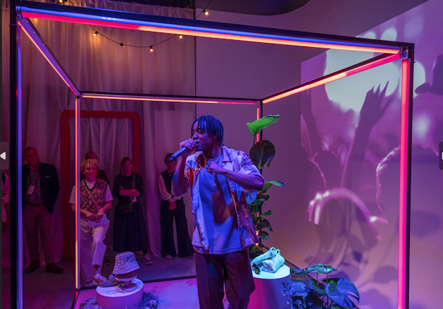 Man singing at a Pinterest live event