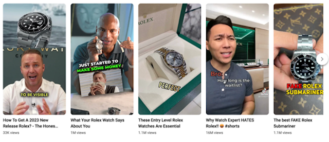 A TikTok results page showing videos about Rolex