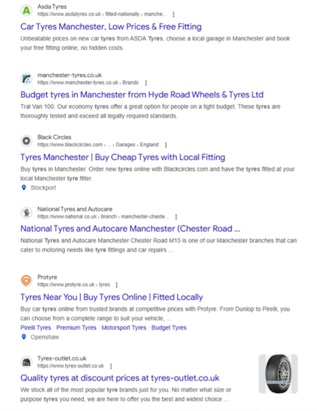 screenshot of search results for tyres screenshot of search results for tyres