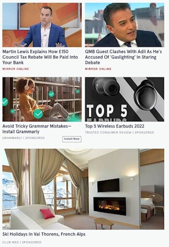 Screen grab of a group of articles on a page as native adverts