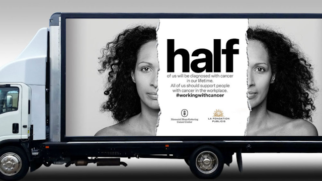truck ad that says "Half of us will be diagnosed with cancer in our lifetime"