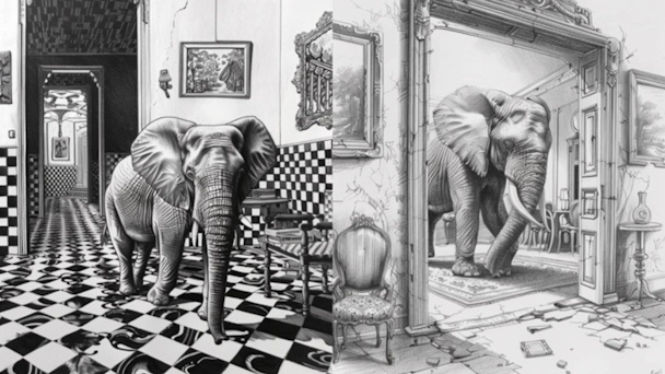 Elephants in rooms, generated by Midjourney