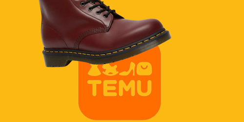 Doc Marten stamps on Temu logo