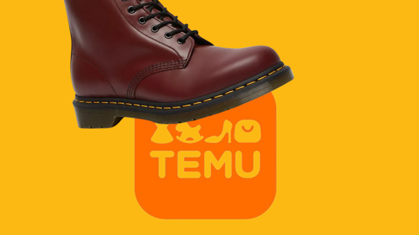 Doc Marten stamps on Temu logo