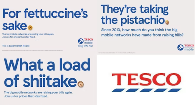 Compilation of Tesco Mobile ads where food replaced swear words 