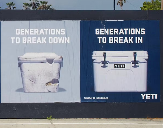 Yeti out of home campaign featuring its products next to disposable products