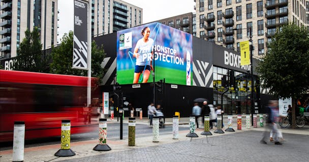 The Lionesses' Lauren James appears on an OOH ad by Sure at London's Boxpark